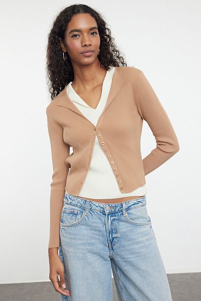 Trendyol Collection Dvojitý pletený svetr velbloudí barvy - Twoaw25Hi00153