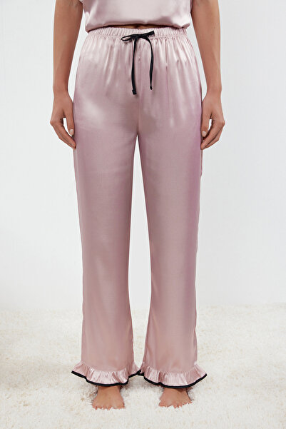 Trendyol Collection Satin Woven Pajamas Set with Pink Ruffles, Lacing and Piping Detail Thmaw25Pt00046