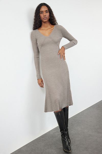 Trendyol Collection Μπεζ Πλεκτό Μίντι Φόρεμα - Φούστα με βολάν, TWOAW25EL00055