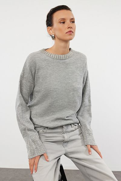 Trendyol Collection Gray Stone Embroidered Soft Knitwear Sweater - TWOAW25KZ00147