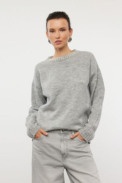 Trendyol Collection Gray Stone Embroidered Soft Knitwear Sweater - TWOAW25KZ00147