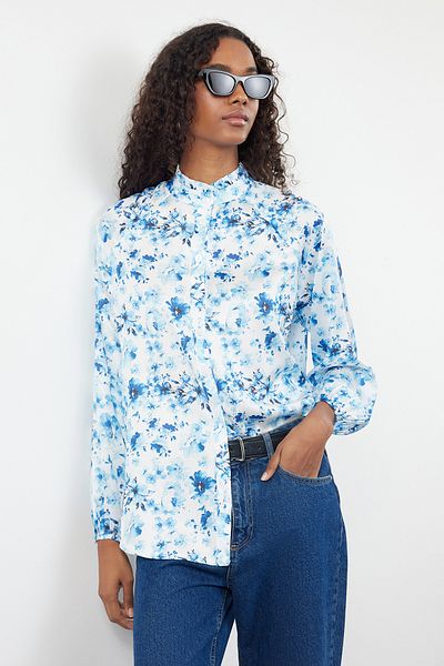 Trendyol Modest Cămașă albastră din țesătură din satin - Volană, TCTAW25TG00001