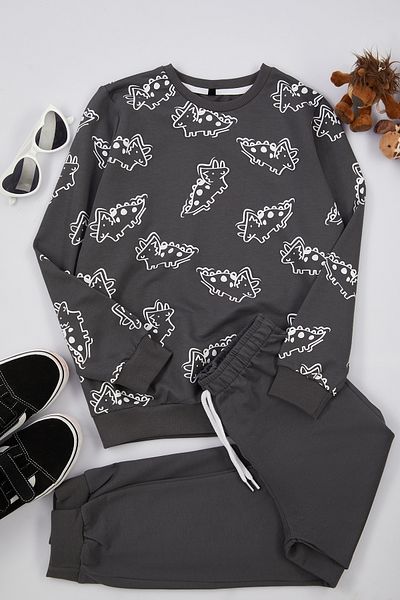 TRENDYOLKIDS Cotton Gray Printed Knitted Set - Tkdaw25Au00003