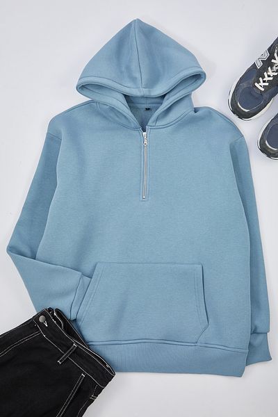 Trendyol Collection Oversize modrá fleecová mikina s kapucí – na zip Tmnaw25Sw00050