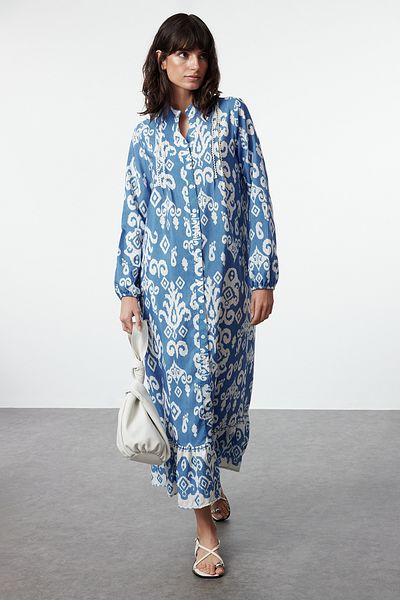 Trendyol Modest Φόρεμα από λινό υφασμένο μπλε σάλι με σχέδιο - TCTSS24EB00279