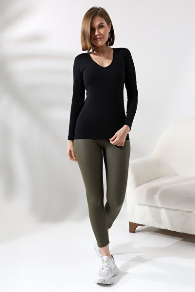 Endies جسم قطني ممشط بأكمام طويلة ورقبة على شكل حرف V - أسود 19645 مدمج