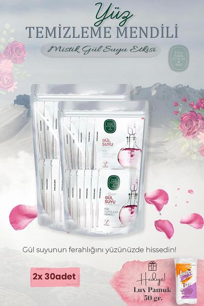 Eyüp Sabri Tuncer Mystic Rose Water 60 Pack Facial Cleansing Wipes and Cotton Gift