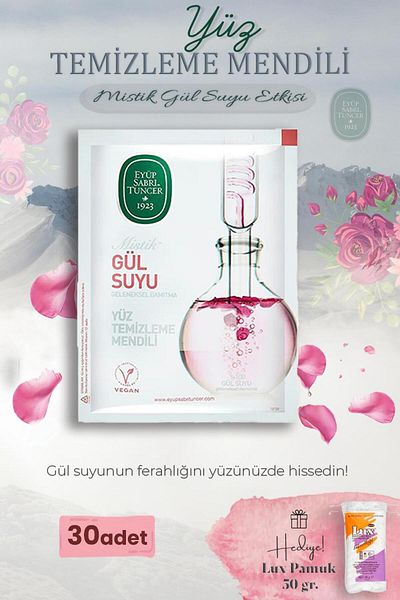 Eyüp Sabri Tuncer Mystic Rose Water 30 Pack Facial Cleansing Wipes and Cotton Gift