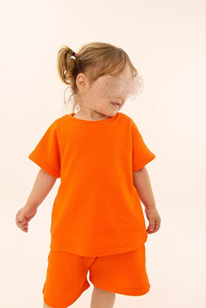Perendi Orange Wide Cut Waffle Textured Girl's Set
