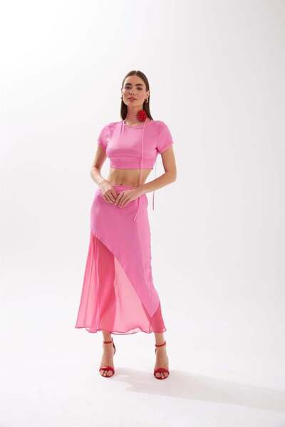 NOK İSTANBUL Nok Cute Serisi Transparan Detaylı Saten Etek Pembe