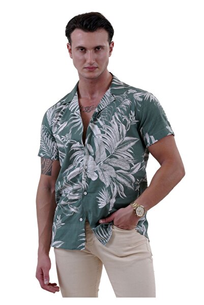 Exve Exclusive White Palm Printed Khaki Green Summer Shirt - Comfortable Fit