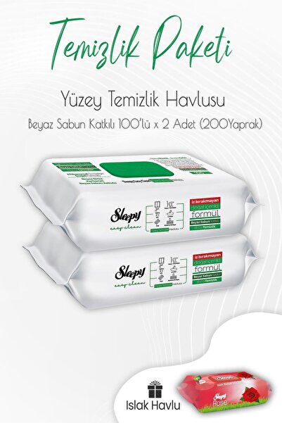 Sleepy Beyaz Sabun Yüzey Temizlik Havlusu 100' Lü X 2 Adet Ve Islak Havlu Gül...