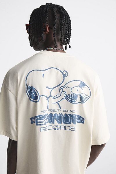 The Champ Clothing Ανδρικό μπλουζάκι με λαιμόκοψη Peanuts Records με στάμπα Oversize Λευκό