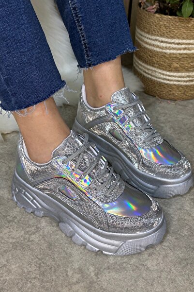 Allyup Stříbrné hologramové vysoké pohodlné dámské tenisky - šněrovací 001