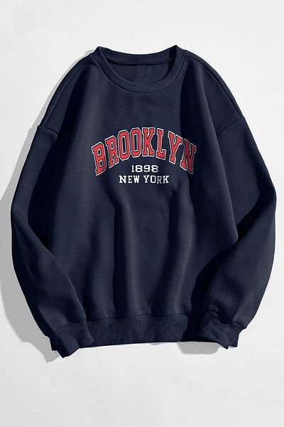 MODAGEN Uniszex sötétkék oversize piros brooklyni nyomott pulóver