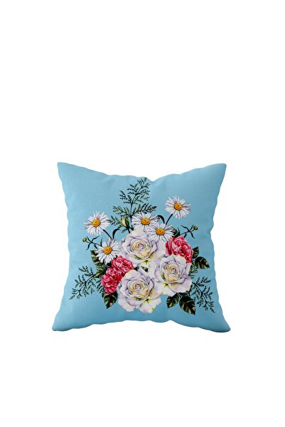 linazaitun Blue Rose Patterned Single Sided Hidden Zipper Pillow Case Throw P...