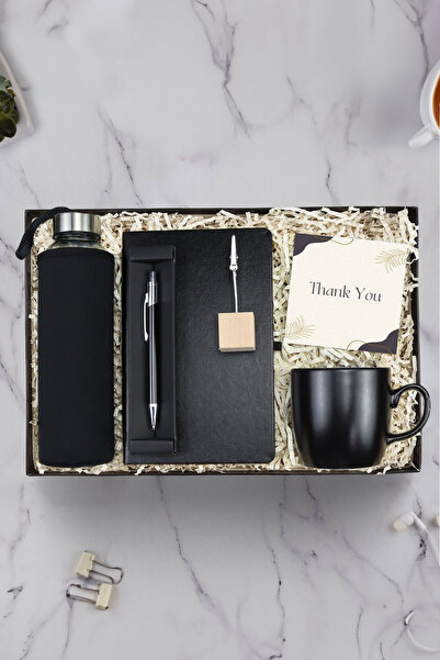 Trendmiya Siyah Defter & Kılıflı Cam Matara & Tükenmez Kalem & Mat Kupa & Ahş...