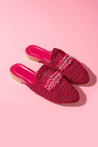 FUGA MODA Fuchsia Colored Yamal Straw Slippers - Stone Embroidered
