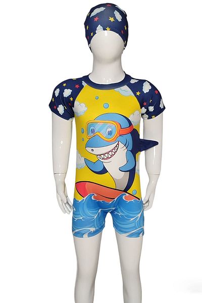 uz shop Yellow Navy Blue Boy's Delicate Skin Swimsuit Jumpsuit Short Sleeve with Shorts Children's Baby Swimsuit