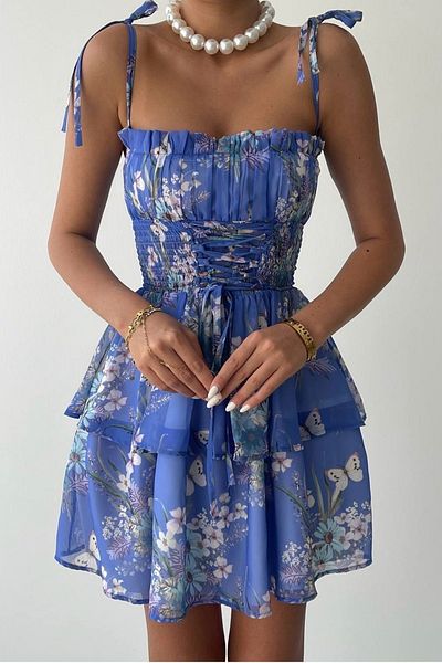 bayansepeti Rochie mini albastră - model floral, țesătură de tul, croială evazată, detaliu corsaj, bretele legate 273