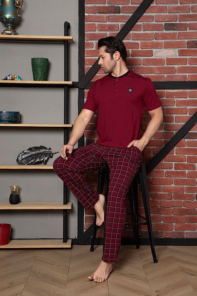 Ahengim Man Cotton Men's Pajama Set - Plaid Print, Short Sleeve and Buttoned