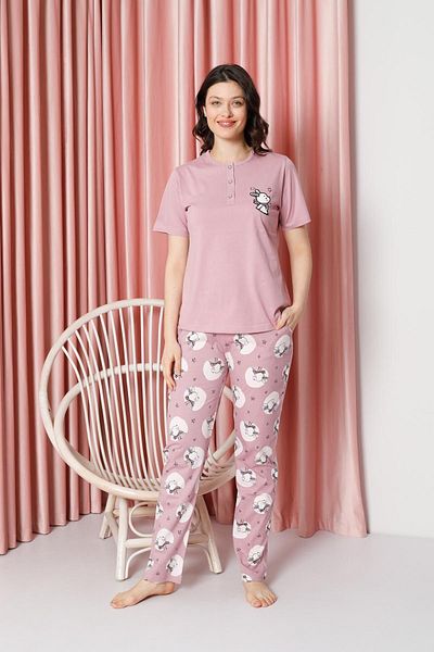 AHENGİM Rabbit Patterned Cotton Single Jersey Women's Pajama Set - Short Sleeve
