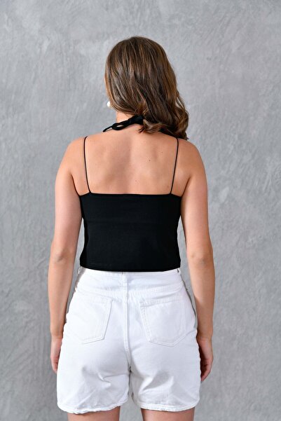 bayansepeti Black Crepe - Neck Lace Up Strap Crop Blouse582455