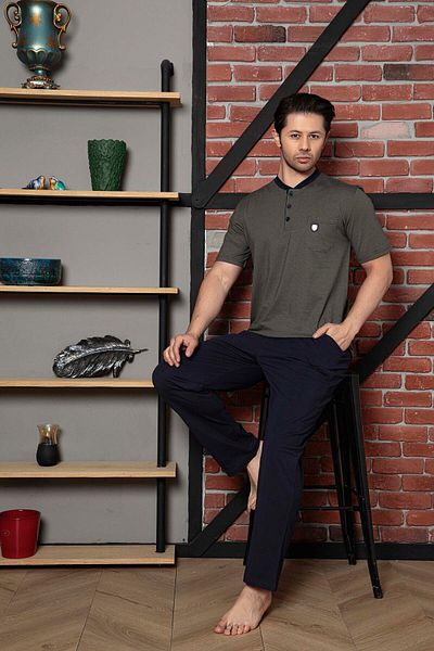 Ahengim Man Men's Single Jersey Chief Collar and Top Patterned Short Sleeve Pajama Set