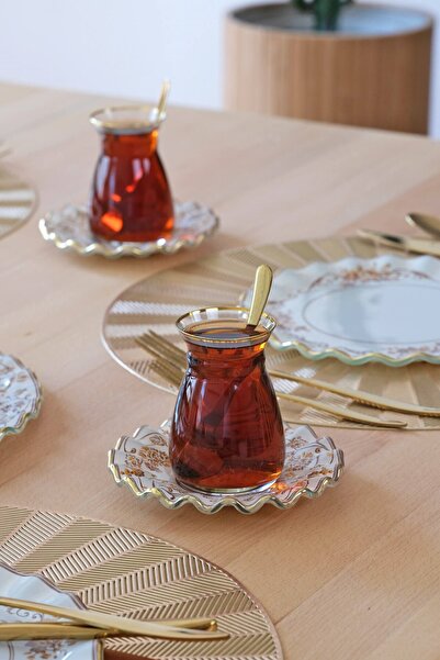 Glore Veneto Kahve Altın Yaldızlı 12 Parça 6 Kişilik Cam Çay Takımı