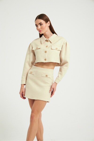 NOK İSTANBUL Altın Düğmeli Tweet Kumaş Kısa Crop Ceket Bej