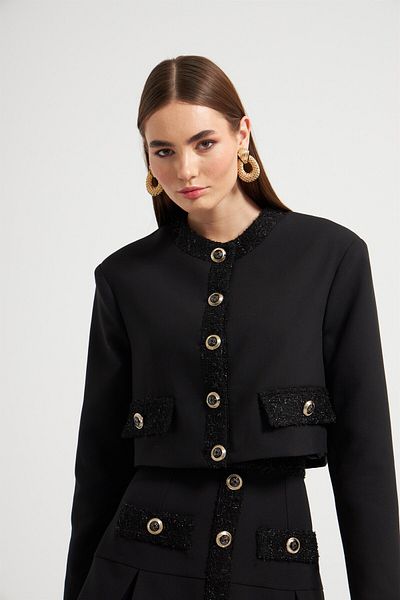 NOK İSTANBUL Gold Buttoned Glitter Detailed Crop Jacket Black