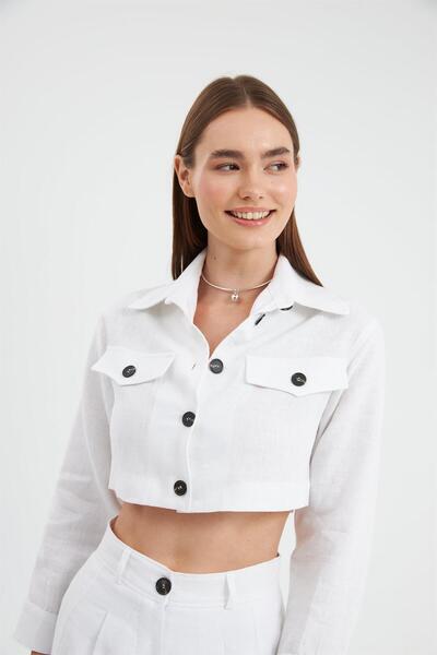 NOK İSTANBUL Cool Mode Serisi %100 Keten Crop Gömlek Ekru