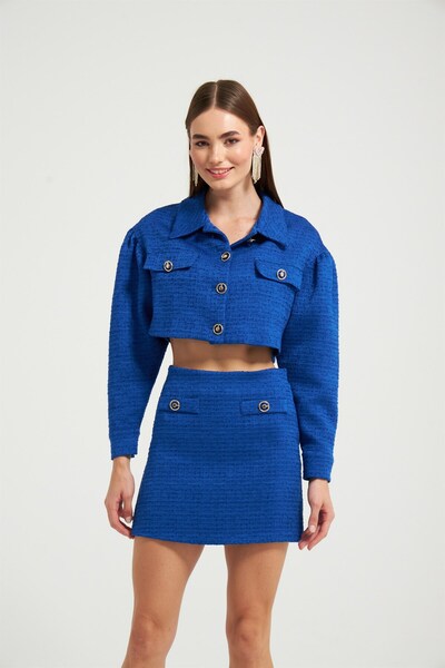 NOK İSTANBUL Altın Düğmeli Tweet Kumaş Kısa Crop Ceket Sax