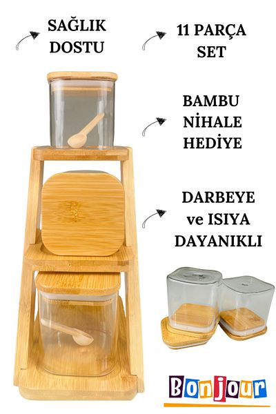 Bonjour 11 Pieces Bamboo - Trivet Borosilicate Jar with 3 Jars and Spice Bowl and Spoon Gift