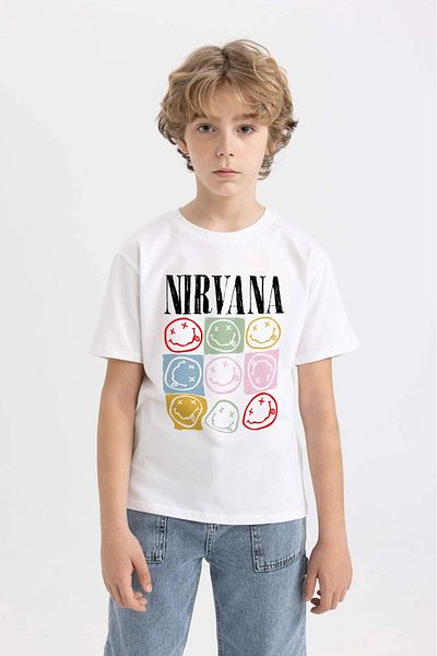 The Champ Clothing Nevermind Бяла детска тениска с щампа с надписан дизайн на усмивка Nirvana