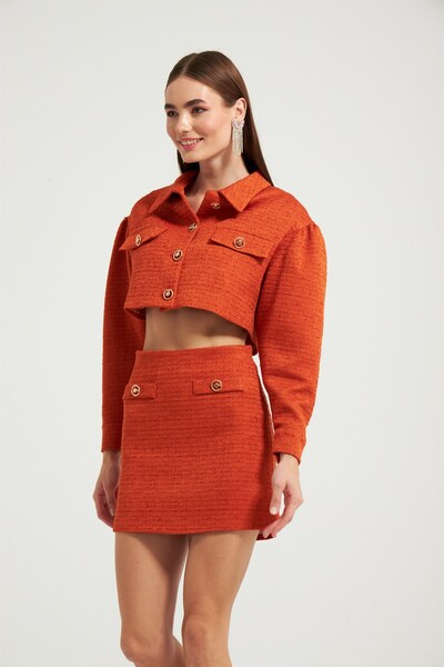 NOK İSTANBUL Altın Düğmeli Tweet Kumaş Kısa Crop Ceket Kiremit