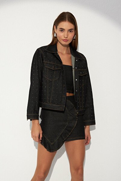 NOK İSTANBUL Nok Denim Serisi Full Diamond Kot Ceket Siyah