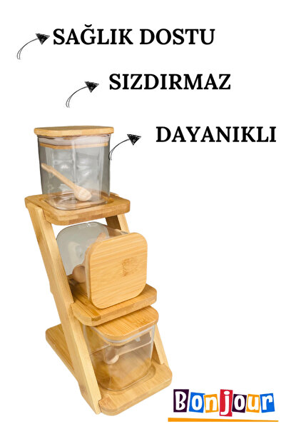 Bonjour 11 Pieces Bamboo - Trivet Borosilicate Jar with 3 Jars and Spice Bowl and Spoon Gift