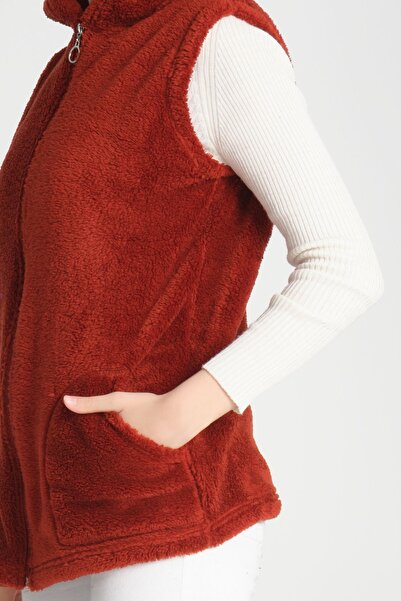 MODA VUSLAT Women's Brick Color Short Fleece Vest