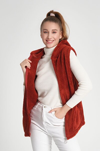 MODA VUSLAT Women's Brick Color Short Fleece Vest