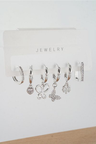 By Zeyna Aksesuar Vip Series Zircon Stone 6-Piece Figured Earrings Set - ZRK0029