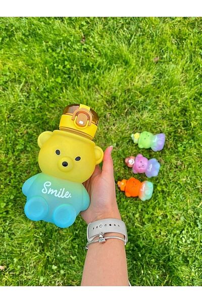 Levn Home Colorful 800 ml Flask Water Bottle with Smile Teddy Bear Tritan Bpa Free Sticker Gift