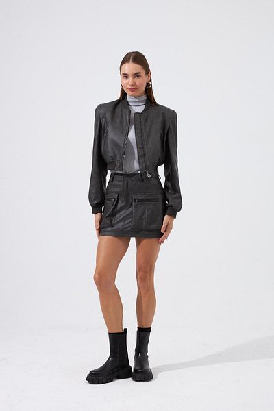 NOK İSTANBUL Nok Be Cool Series Eva Faux Leather Mini Skirt Gray
