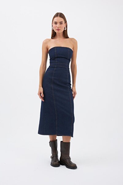 NOK İSTANBUL Denim Serisi Straplez Maxi Boy Elbise Koyu Mavi