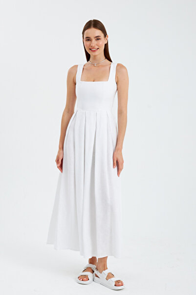 NOK İSTANBUL Love Serisi Maxi Boy %100 Keten Elbise Ekru