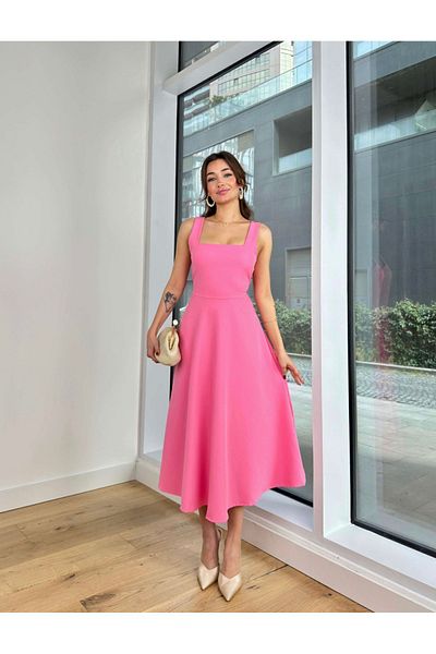 Afiş Butik Ροζ Midi Φόρεμα με Τετράγωνο Γιακά Flounce Φούστα - Χοντρές τιράντες