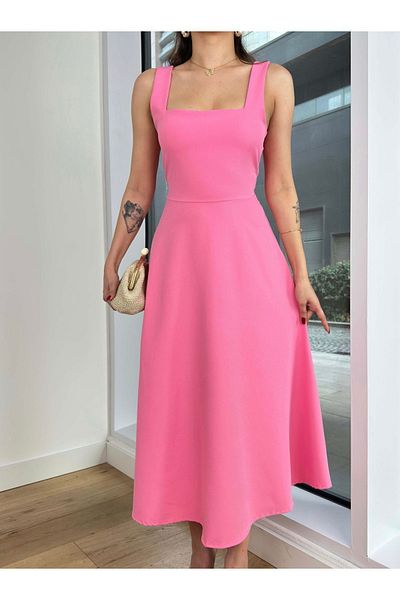 Afiş Butik Ροζ Midi Φόρεμα με Τετράγωνο Γιακά Flounce Φούστα - Χοντρές τιράντες