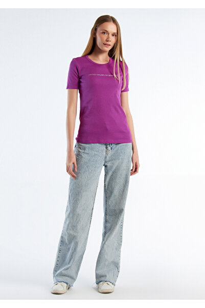 United Colors of Benetton Kadın Mor %100 Koton Benetton Yazılı Basic T-Shirt