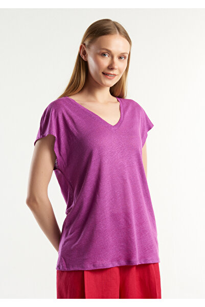 United Colors of Benetton Μωβ λινό μπλουζάκι για γυναίκες - Άνετη εφαρμογή, βαθύ λαιμόκοψη V, αμάνικο