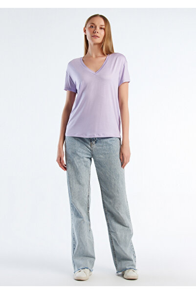 United Colors of Benetton Lilac Viscose Blended - Φαρδύ γυναικείο μπλουζάκι Basic με λαιμόκοψη